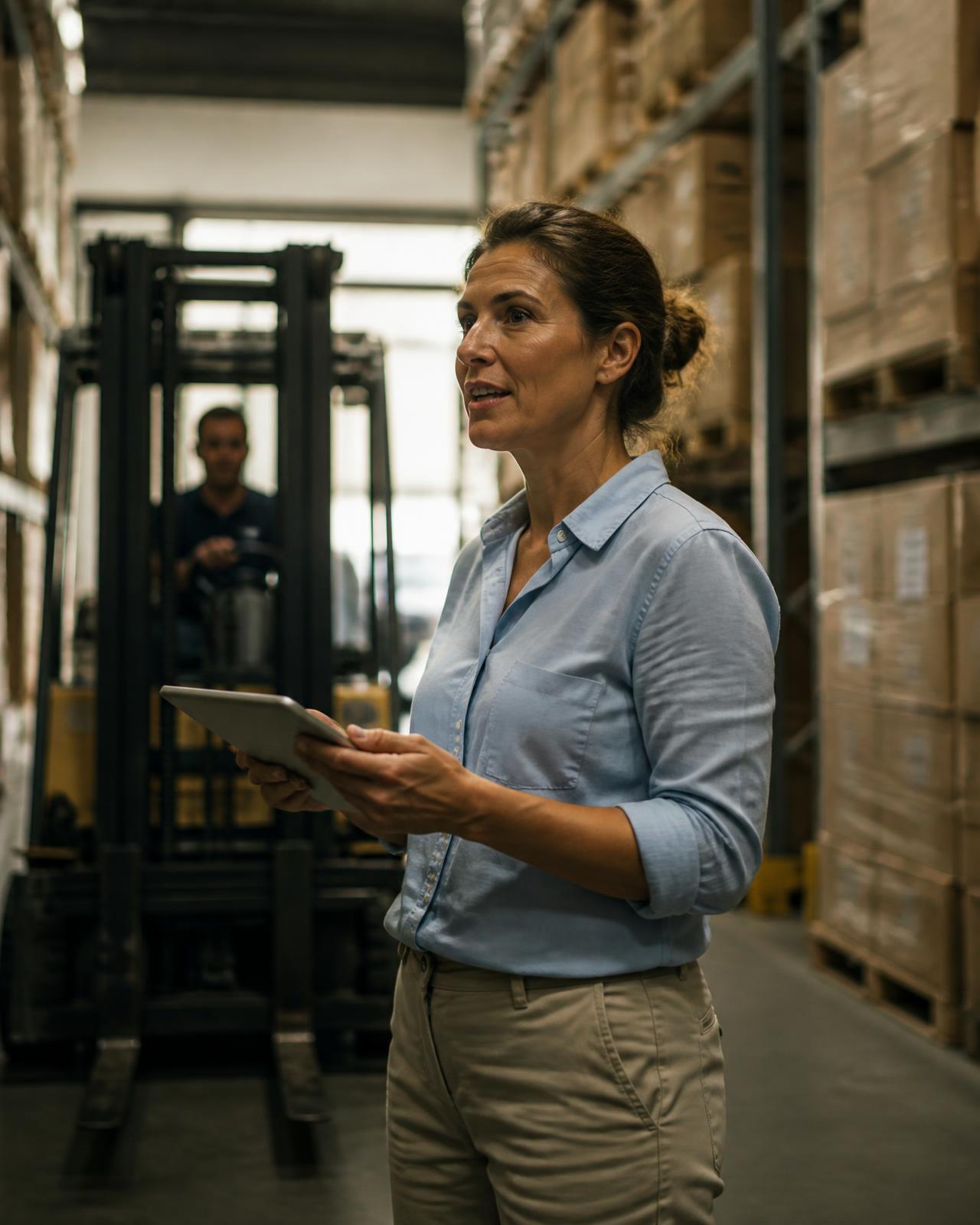 Business owner checking inventory against a clipboard in a distribution warehouse during a workday